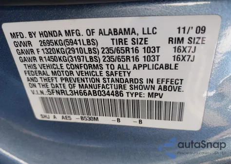 2010 Honda Odyssey Exl from USA, damaged, VIN 5FNRL3H66AB034486